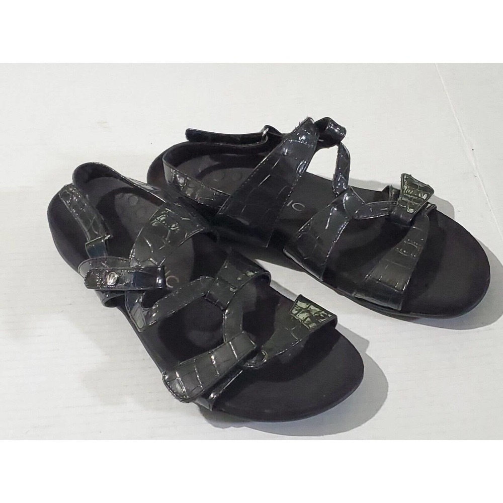 Vionic Open Toe Black Patent Leather Sandals Sz 8 Hook Loop Closure Animal Print